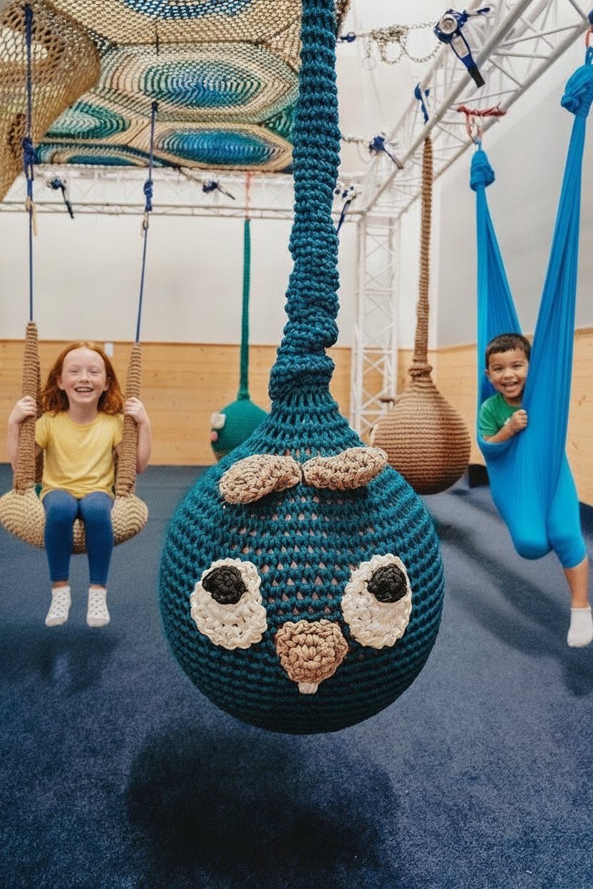 Kids laughing on the sensory swings during open play at Prana Play