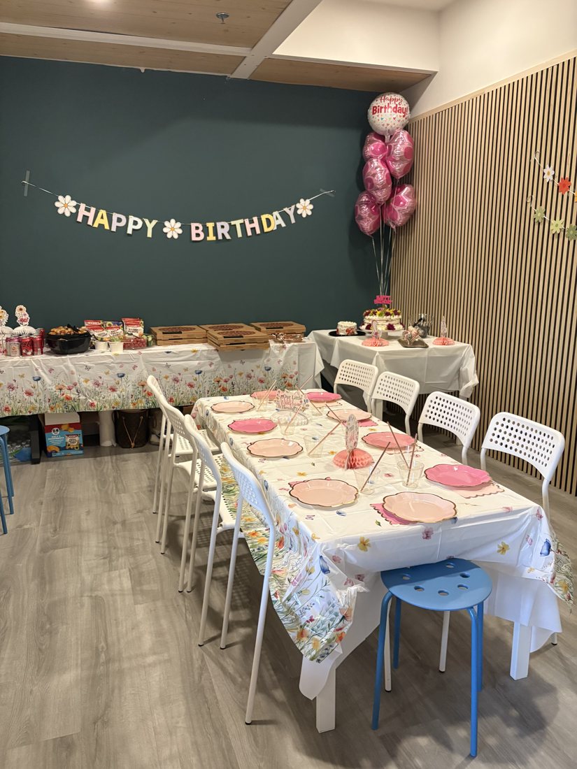 A sensory-friendly birthday party set up with floral decor at Prana Play in Carmel