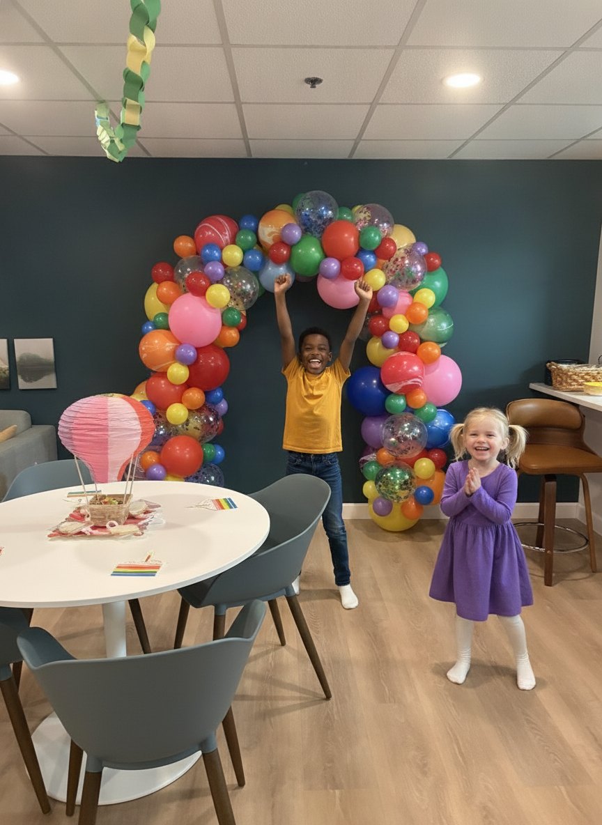 Kids celebrating under the rainbow balloon arch at a Prana Play birthday party