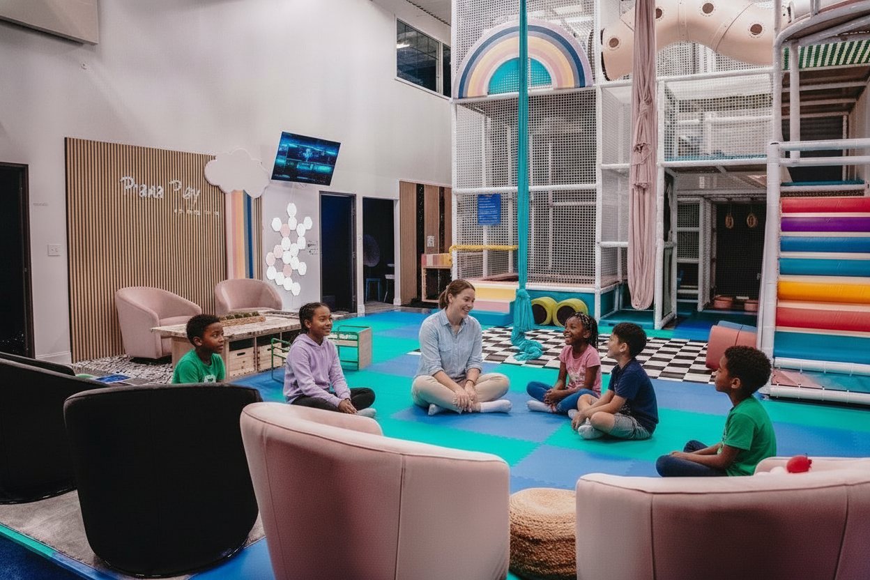 Parent support and social skills class with an instructor and kids of all ages at Prana Play