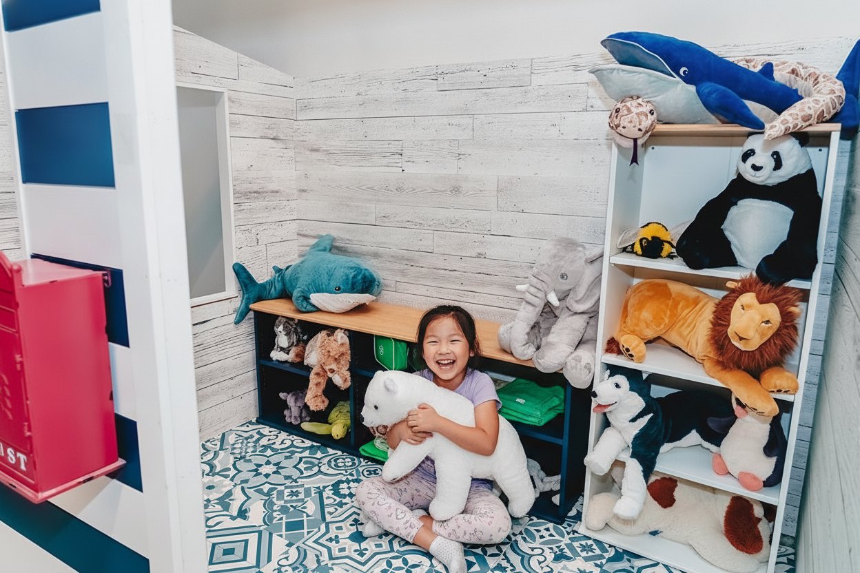 Child hugging a plush polar bear in the Prana Play reading nook