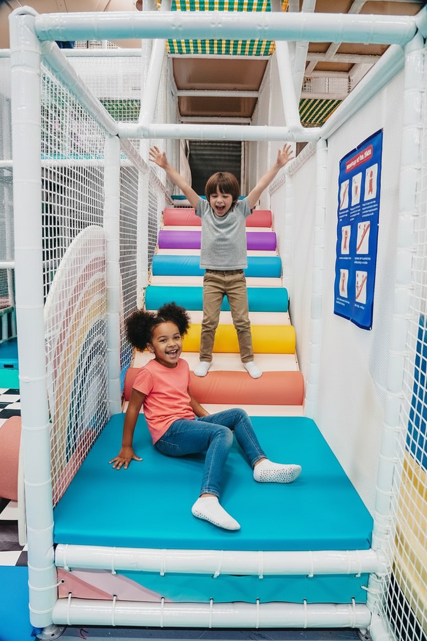 Two laughing children playing on the rainbow climbing stairs at Prana Play in Carmel, Indiana