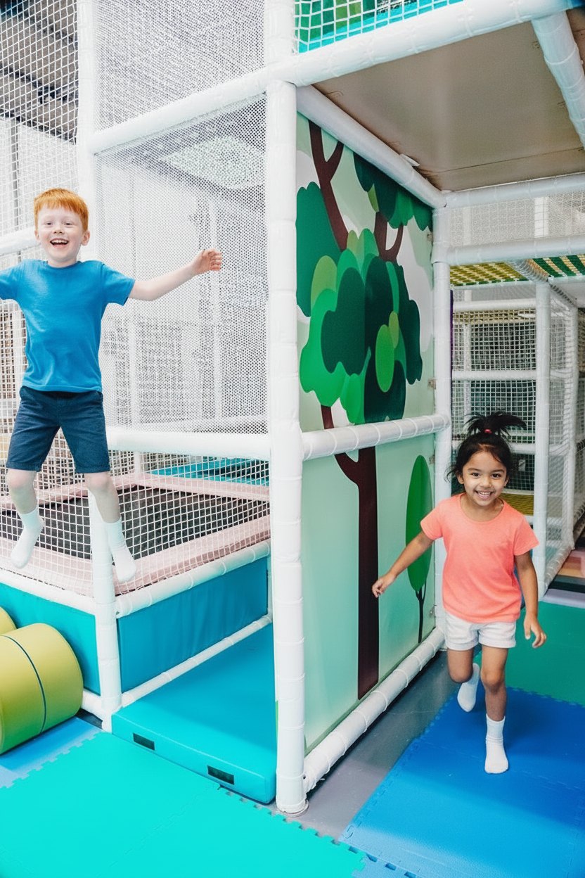 Campers bouncing and running through the Prana Play soft play structure